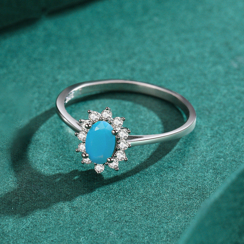 Womens Ring With Sterling Silver Crown And Oval Turquoise Mosaic Blue Electroplated Finish Fashion Jewelry Ring