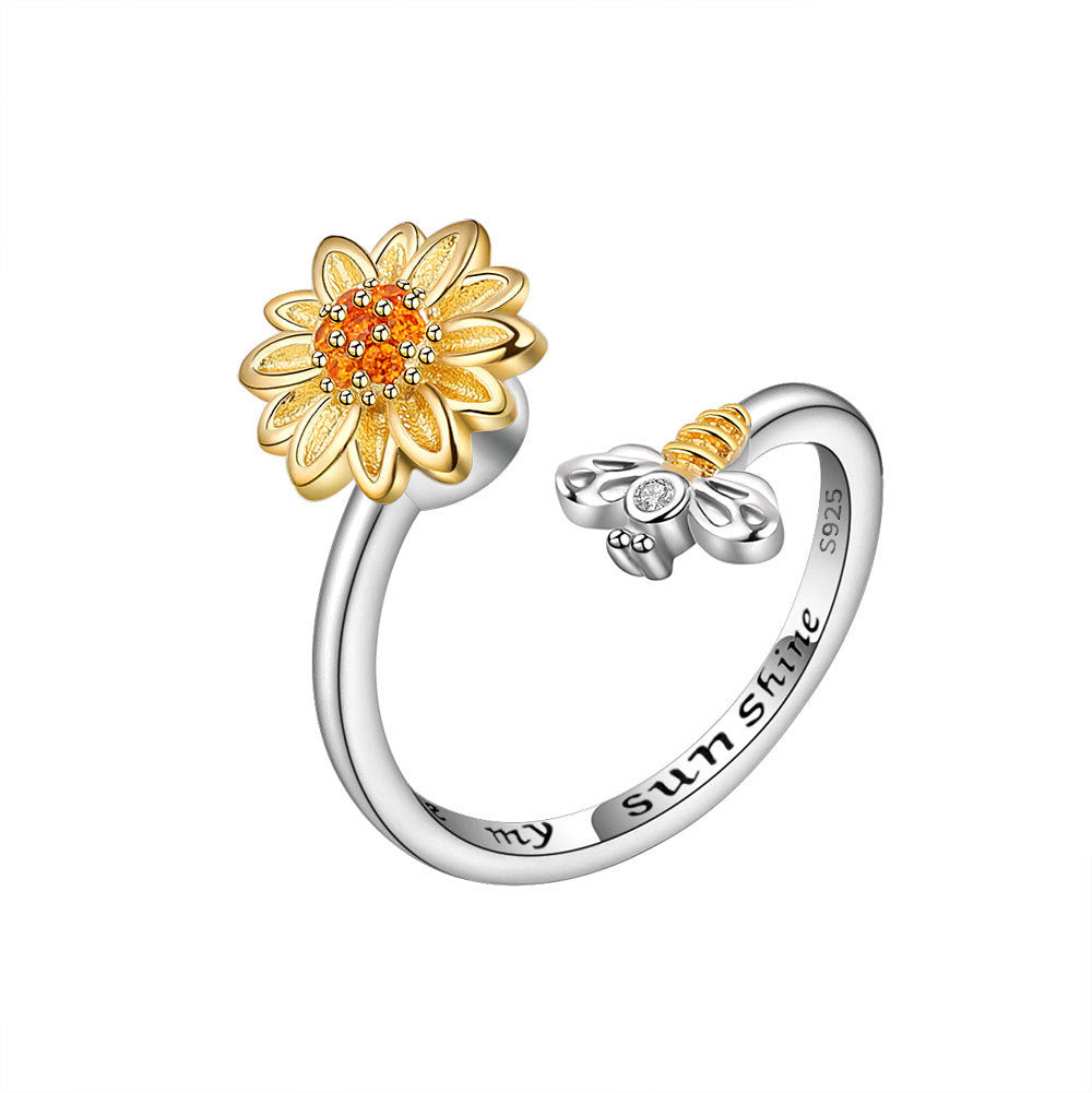 Adjustable Pressure Relief Opening Decompression Ring with Zircon Mosaic Sunflower Bee Geometry Size 15 Platinum Color