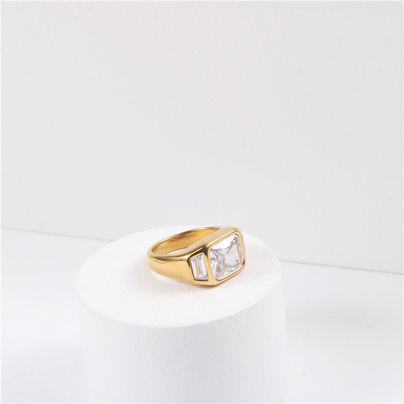 Geometric Zircon Stainless Steel Ring with Golden Finish Statement Jewelry for Women Elegant Fine Jewelry Gift