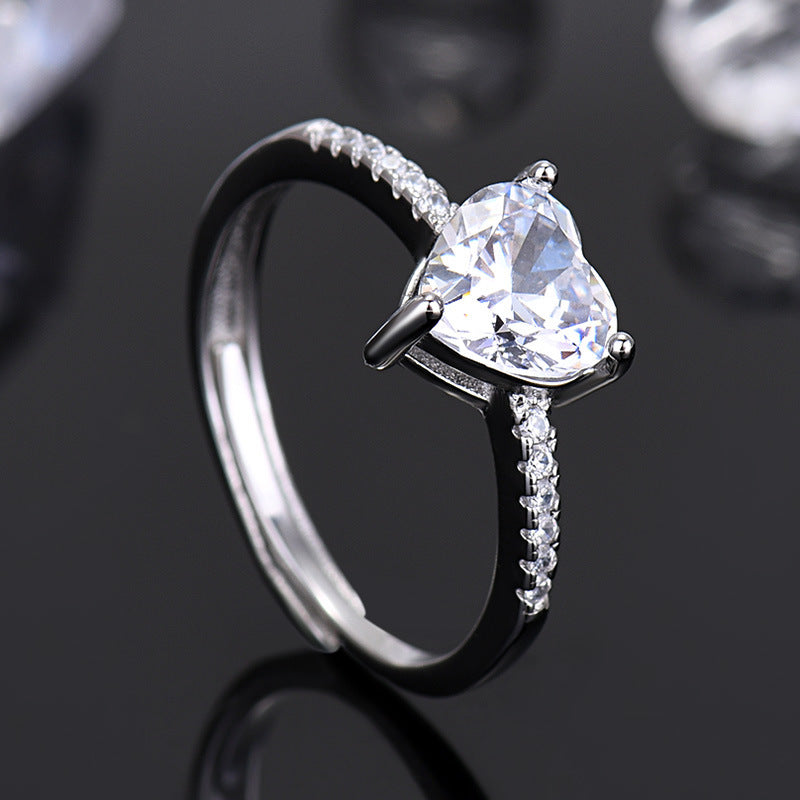 Sterling Silver Open Heart Ring With Micro Rhinestones Three Claw Setting Adjustable Size For Women And Trendy