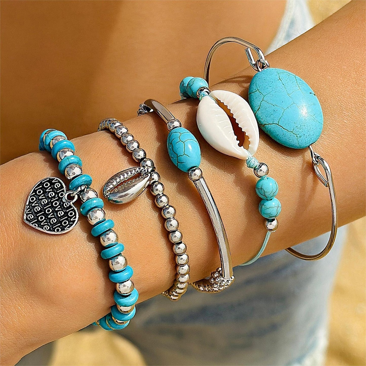 Womens Bracelet Set Electroplated Alloy Fashion Jewelry Collection Turquoise Leaf And Bow Geometric Design Hand Jewelry