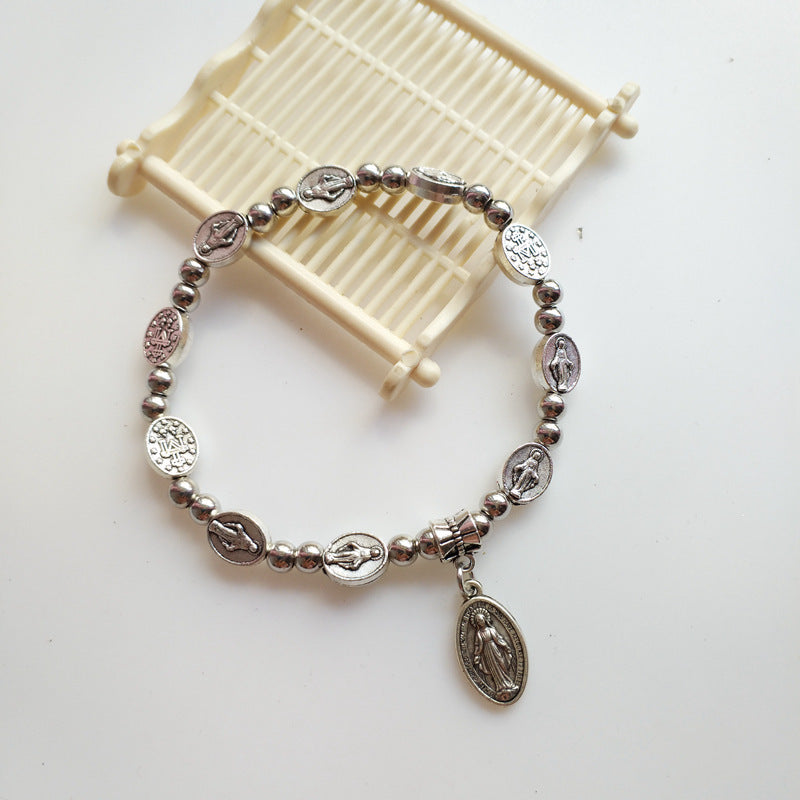 Beaded Cross Bracelet Stretchable Alloy Beads Religious Jewelry for Men and Women Christian Style Classic Look