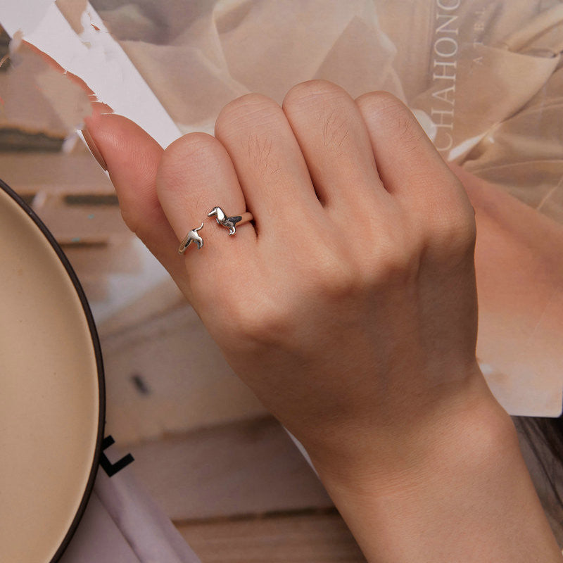 Sterling Silver Dachshund Ring Adjustable Oxidized S925 Geometric Sausage Dog Jewelry Gift For Sausage Dog Fan