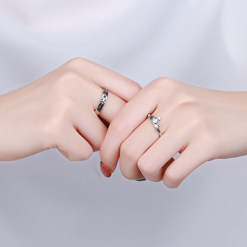 Sterling Silver Couple Rings Crown Princess Knight Adjustable Matching Bands 925 Electroplated For Couples Sets