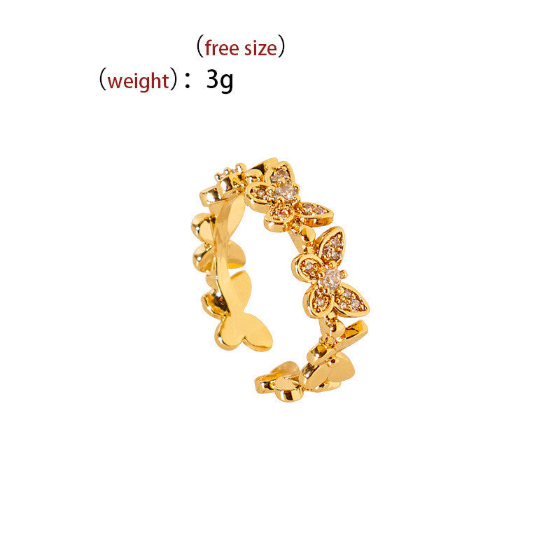 Womens Adjustable Copper Ring Wide Band Butterfly Design Gold Plated Inlaid Gemstones Korean Inspired Style Gem