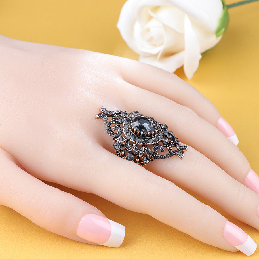 Womens Retro Geometric Alloy Ring Black Plated Fashion Statement Jewelry For Her Elegant Vintage Inspired Accessory