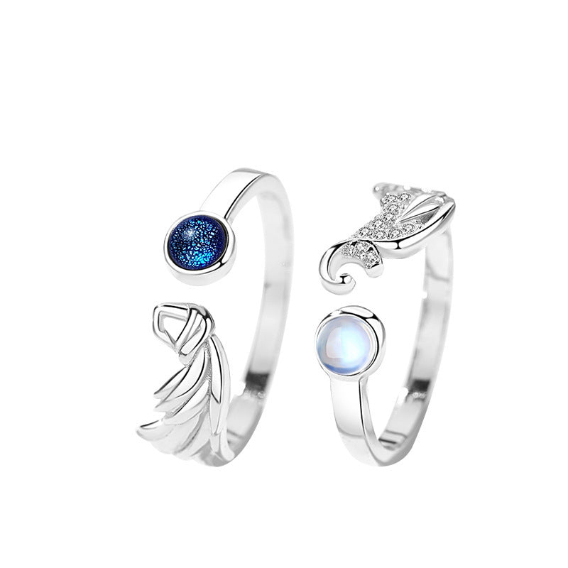 Angel Demon Wings Couple Rings Set Sterling Silver Diamond Accent Adjustable Opening Matching Gemstone Details