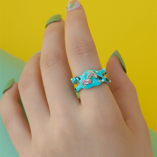 Womens Handmade Zircon Pearl Ring Bracelet Oil Drip Heart Alloy Size One Style Sweet Cool One Size Mm Color Style