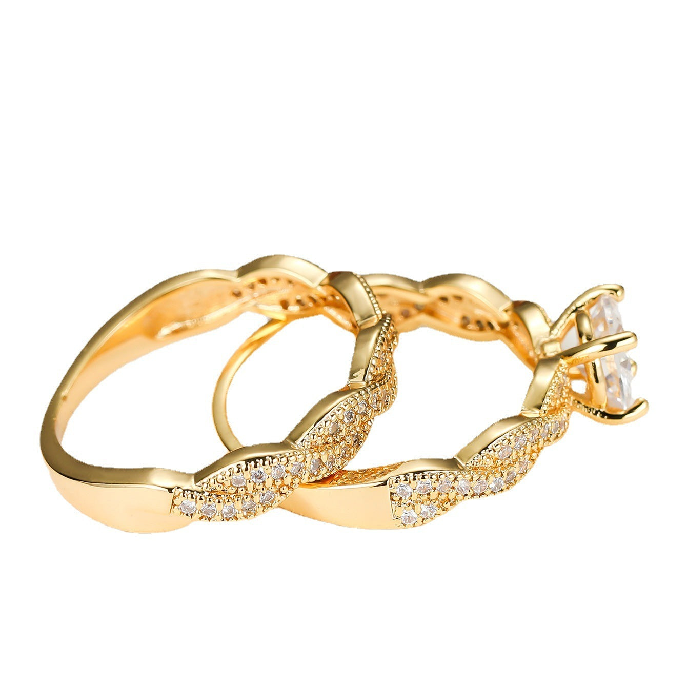 Golden Four Claw Round Cross Twist Ring For Women Copper Jewelry Two Piece Set Geometric Polished Wear Elegant
