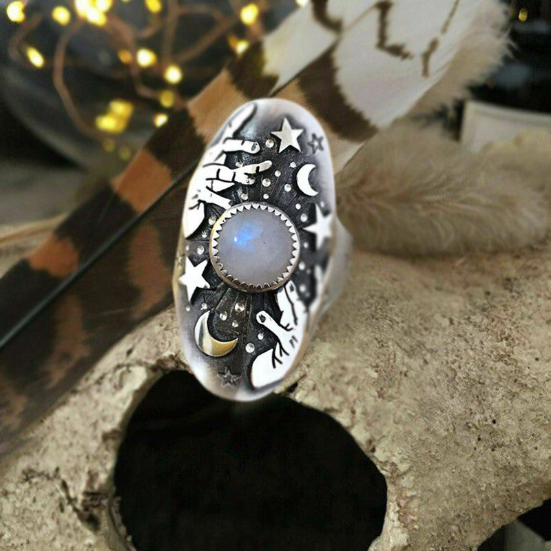Unisex Moonstone Ring Flower Shape Electroplated Alloy Jewelry Vintage Silver Style Everyday Wear Unique Motif Ring