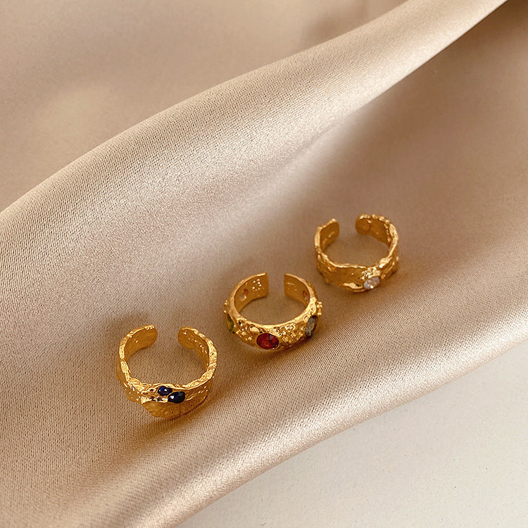 Irregular Metal Ring for Women French Retro Style Zircon Gold Plated 24k Shine Elegant Everyday Accessory Gift