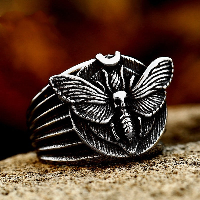 Mens Ring Skeleton Moth Titanium Steel Ring Polished Unisex Ring Fashion Jewelry Gift for Men Travel Souvenir US Size 7 8 9 10 11 12 13