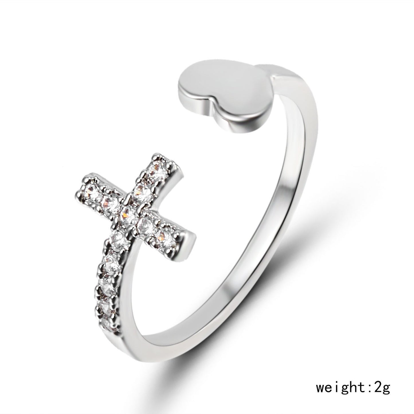 Women Adjustable Open Ring with Rhinestone Cross and Heart Diamond Accent Alloy Ring Fashion Jewelry Beautiful