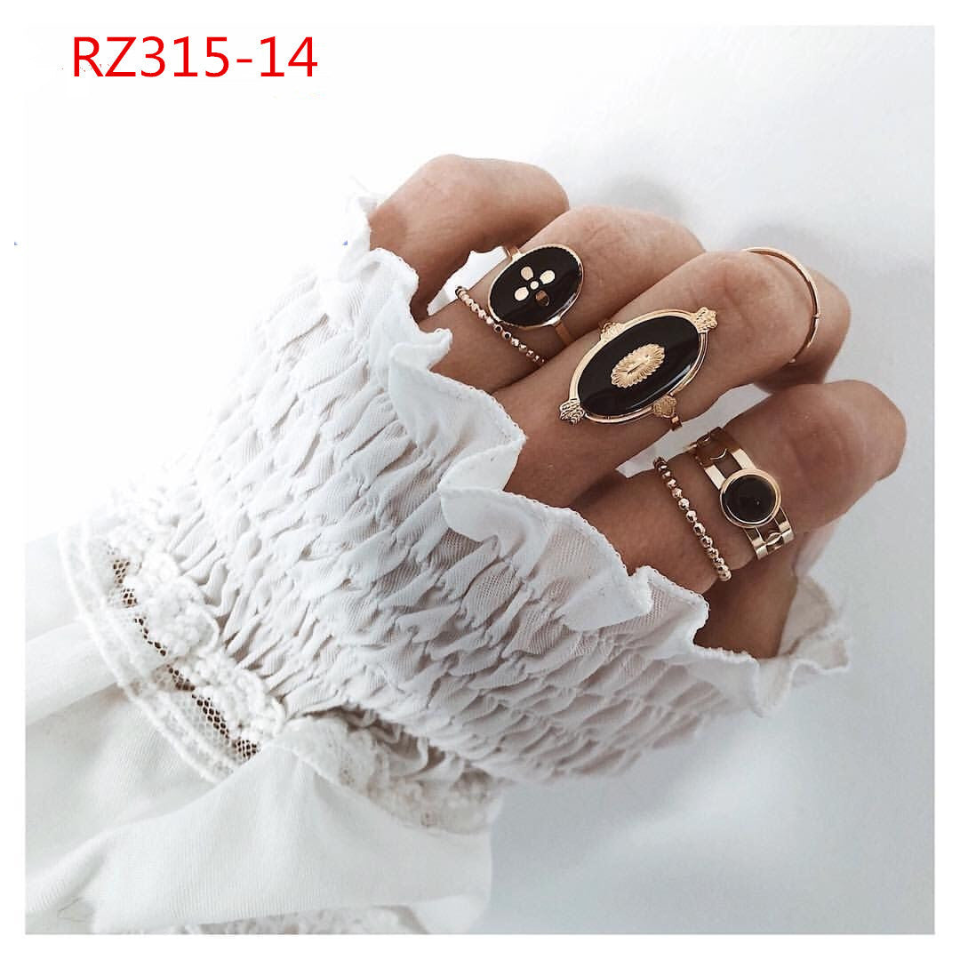 Womens Bohemian Ring Set Geometric Inlaid Gemstones Alloy Electroplated European Style Rings Jewelry Set Gifts