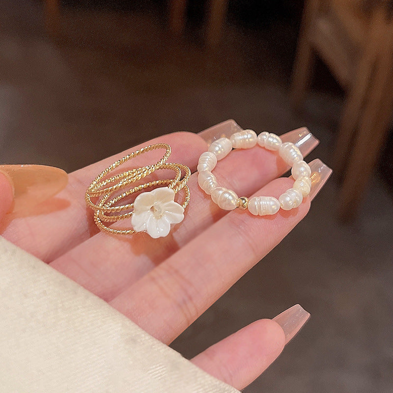 Elegant PearlWhite Ring Geometric Copper Band Electroplated White Gold Gemstone Inlay Gift For Her Korean Style