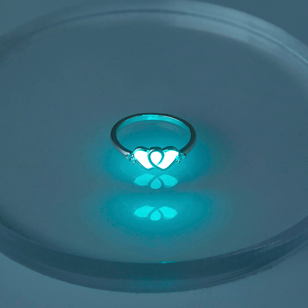 Glow In The Dark Heart Ring For Lovers Adjustable Copper Electroplated 17mm Inner Diameter Romantic Jewelry Gift