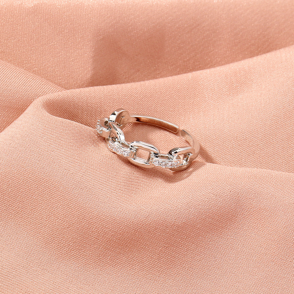 Open Ring Micro Inlaid Zircon Ring Bamboo Link Chain Copper Ring Adjustable Fashion Jewelry For Women Trendy Accessory