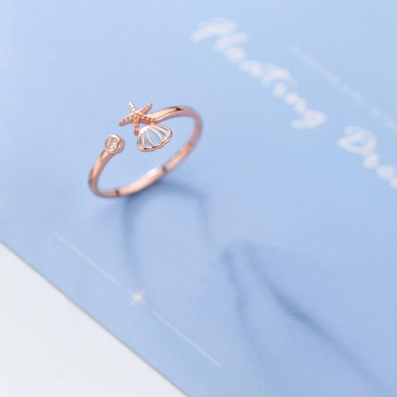 Sterling Silver Shell Starfish Ring Adjustable Opening Gemstone Inlay Inner Diameter 17mm White Gold Jewellery