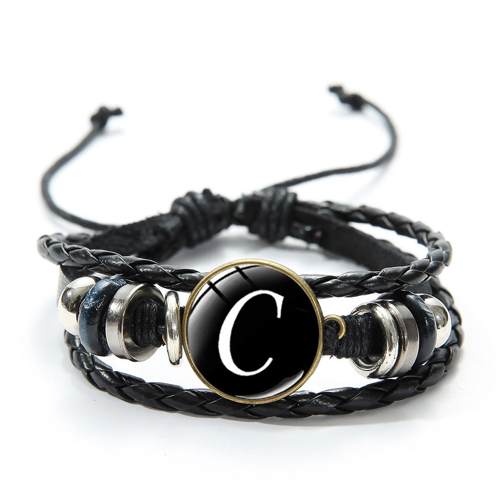 Unisex Initial Bracelet Personalized Letter Alloy Inlaid Gemstone Artificial Leather Jewelry Gift Fashion Accessory