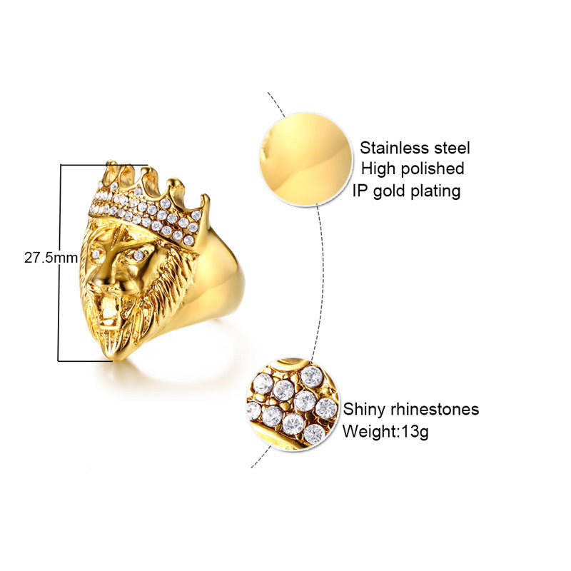 Men's Lion Head Ring Stainless Steel Band with Rhinestone Crown Animal Jewelry Statement Ring Biker Ring for Men Fashion Ring Golden Lion Ring