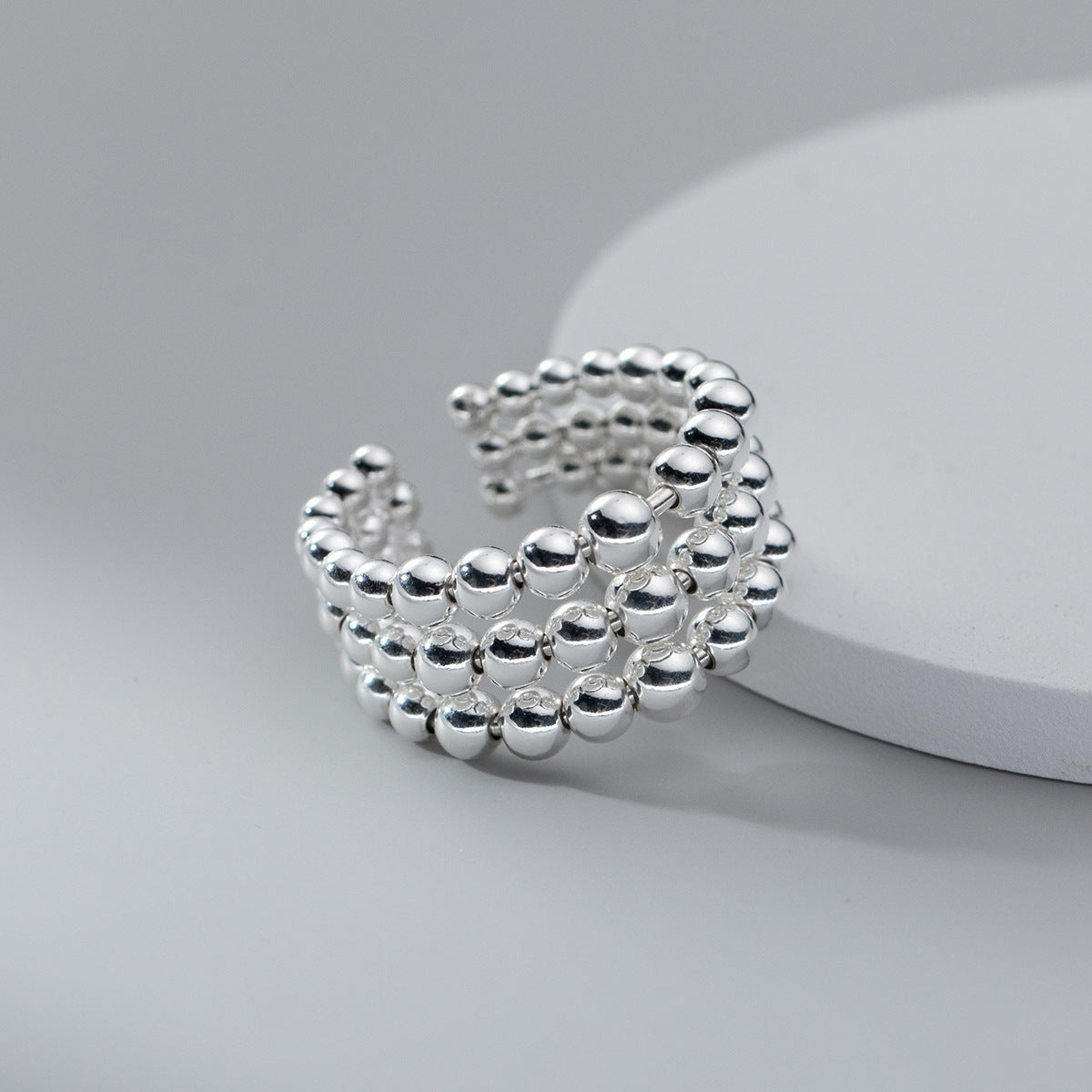 Adjustable Copper Ring for Women Three Layer Bead Ring Hollowed out Geometric Design Trendy Electroplated Bold