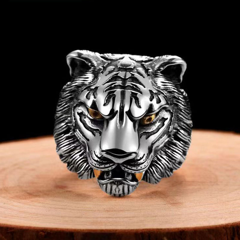 Tiger Head Ring For Men Open Mouth Ethnic Retro Style Adjustable Copper Accessory Bead Pattern Jewelry For Men