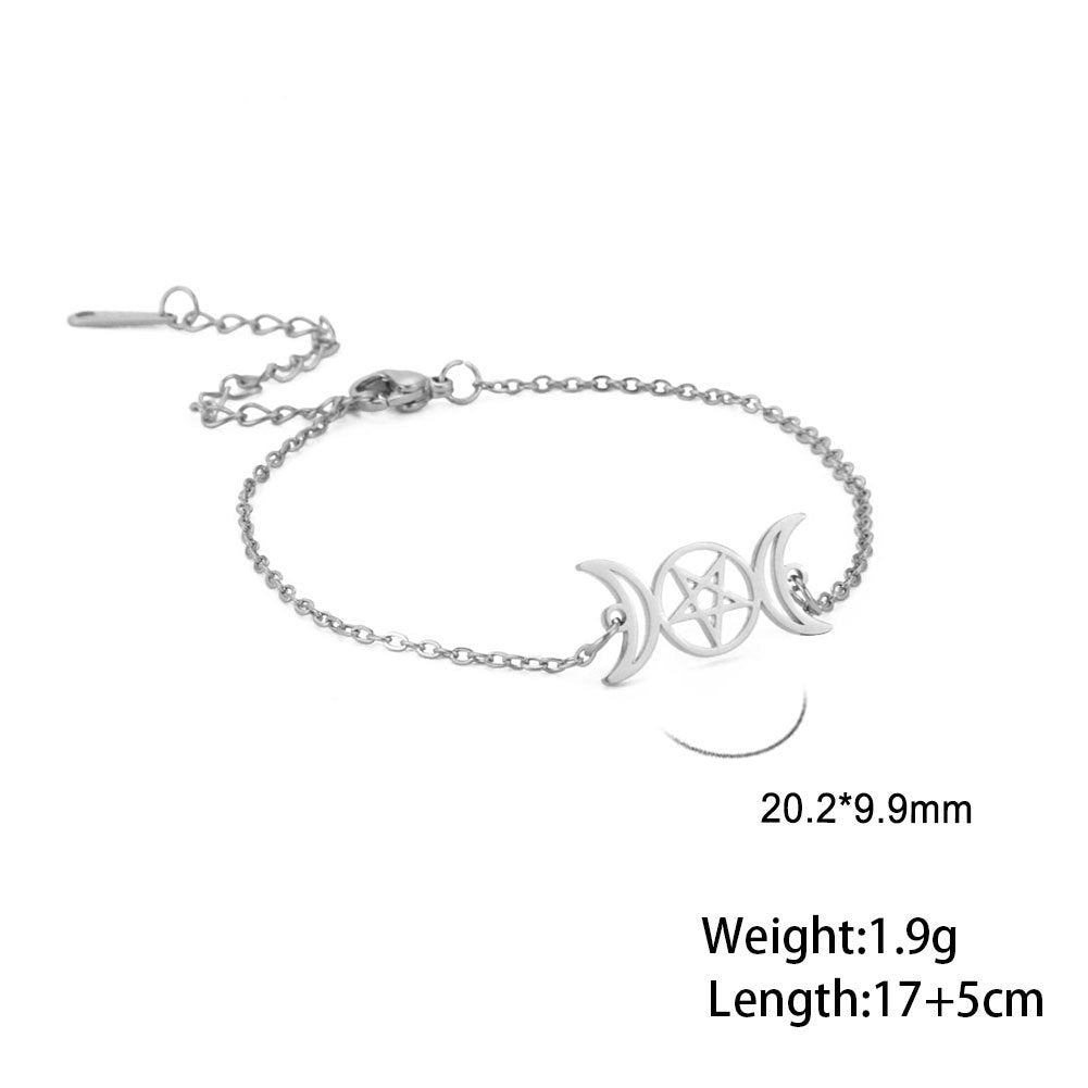 Unisex Titanium Steel Bracelet Double Crescent Pentagram Star Design Jewelry Gift for Men or Women Electroplated Finish