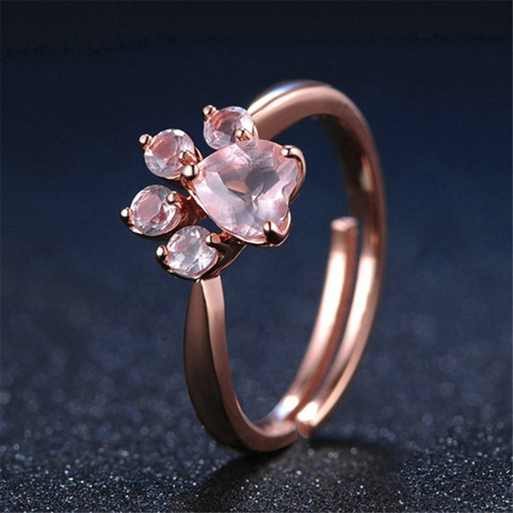 Gold Cat Paw Ring Adjustable Zircon Inlay Copper Jewelry