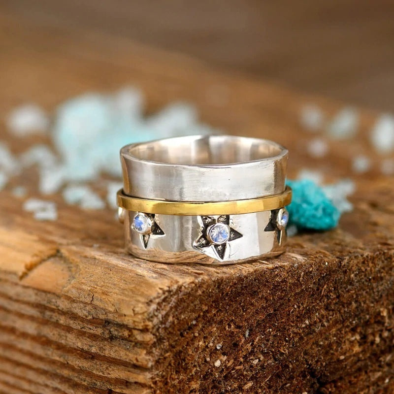 Moonstone Rotatable Metal Alloy Finger Fidget Spinner Ring For Men And Women Relief Anxiety Jewelry Gold Tones