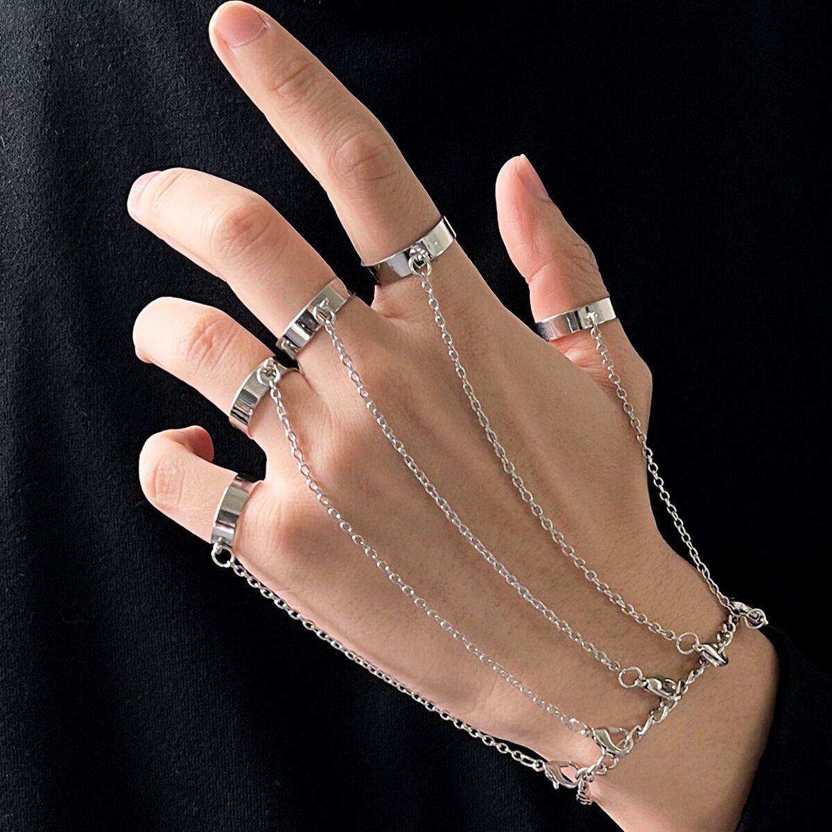 Adjustable Alloy Geometric Chain Bracelet Ring For Women Hand Jewelry Punk Style Electroplated Metal Retro Charm Design