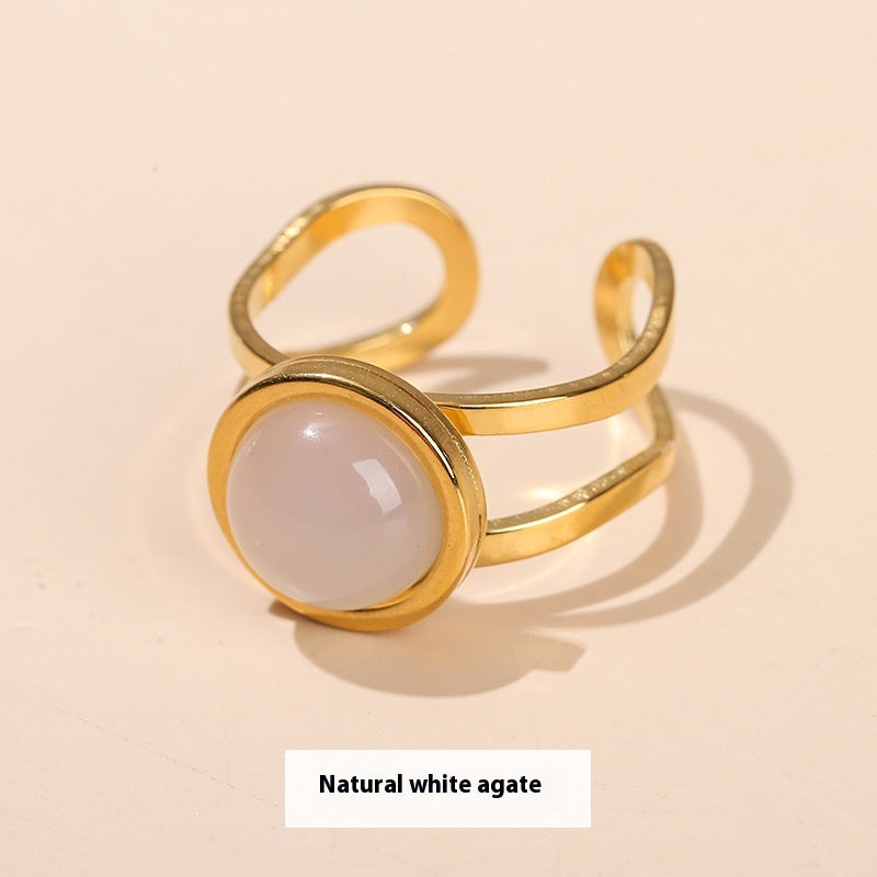 Gold Tone Stone Ring Open Adjustable Titanium Steel Jewelry