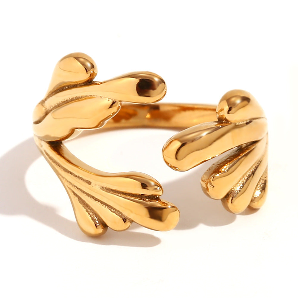Stainless Steel Ring 18K Gold Plated Open Wave Flower Design Waterproof Anti Rust Anti Allergy Women's Ring Gift for Her
