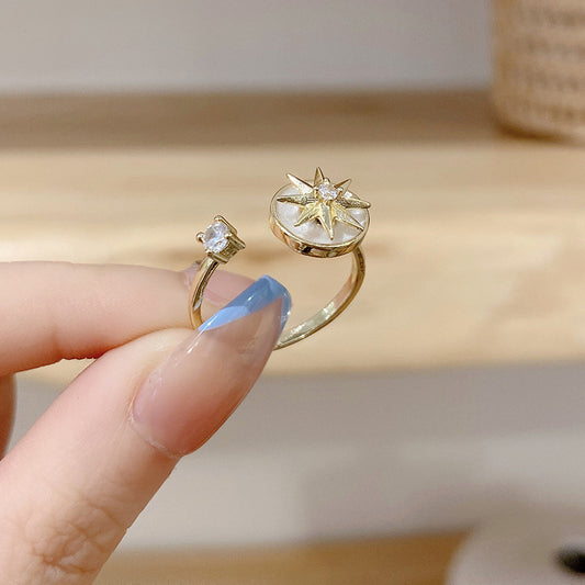 Womens Eight Pointed Star Rotating Ring Adjustable Opening Gold Plated Copper Ring Zircon Japanese Korean Fashion