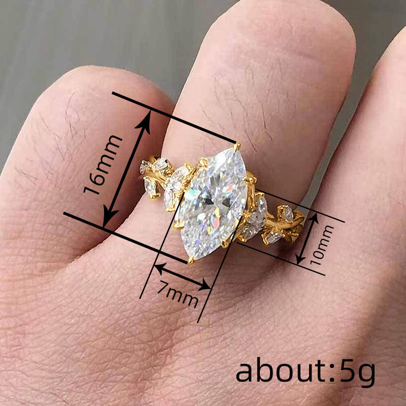 Zircon Ring Female Court Leaf Vine Design Inlaid Zircon Copper Band Leaves White Blue Red Green Purple Size Six