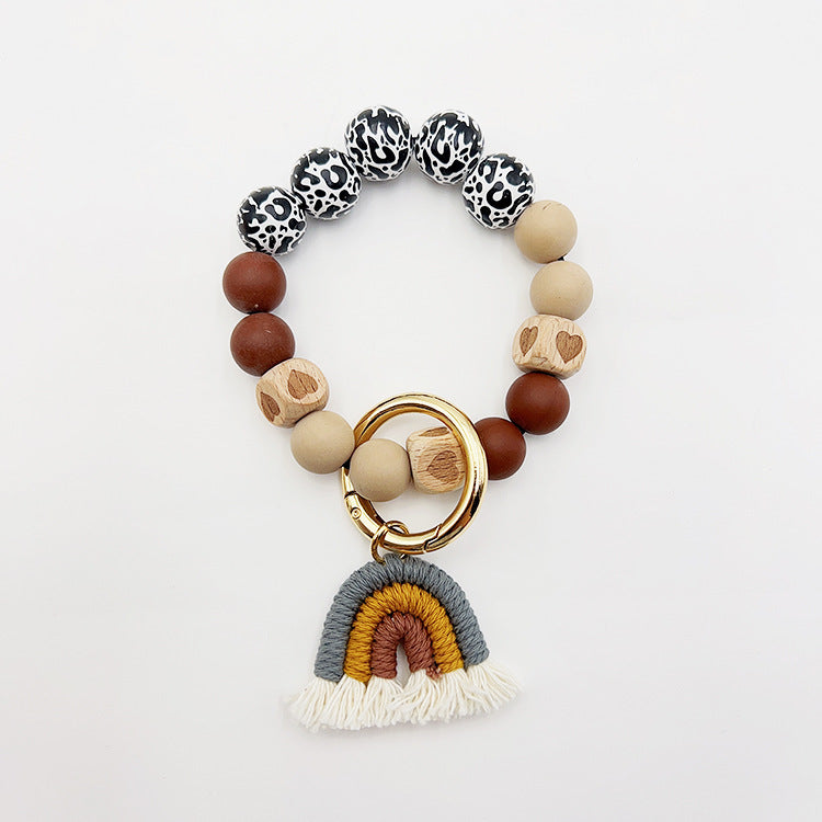 Beaded Bracelet Keychain Handmade Acrylic With Rainbow Tassel And Candy Color Beads European Style Fashionable