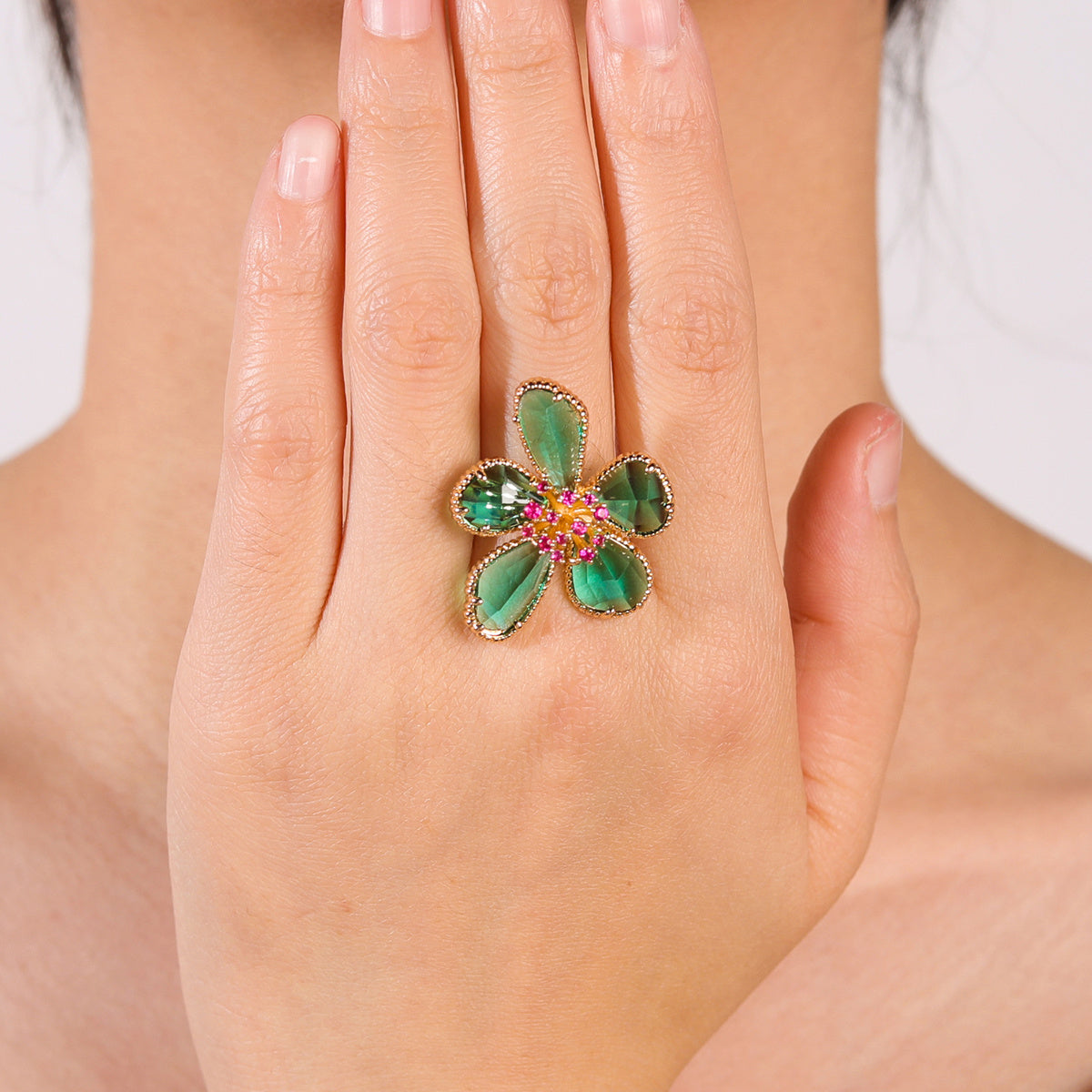Green Flower Open Adjustable Copper Zircon Ring Geometric Fashion Jewelry For Women Gift For Everyday Wear Now