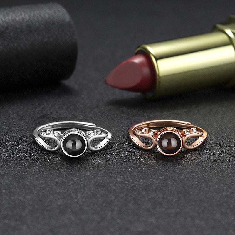 Sterling Silver 925 Gemstone Inlaid Geometric Ring With 100 Languages Projection European Ring White Gold Rose Gold