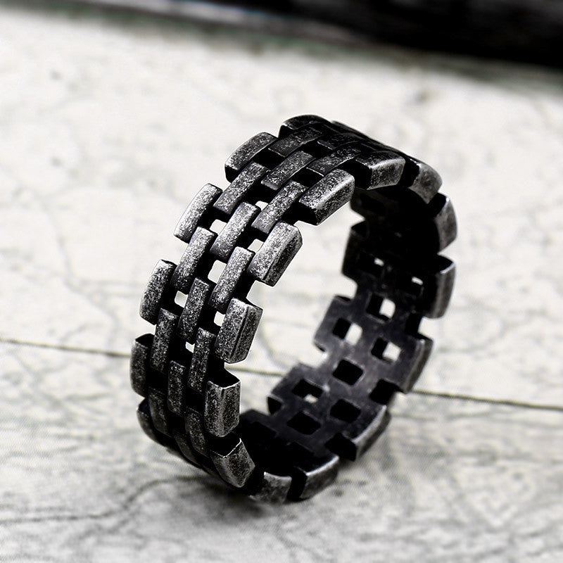 Mens Titanium Steel Hollow Chain Ring 8MmWidth Mens Ring With Modern Steel Color Ancient Black Finish Polished