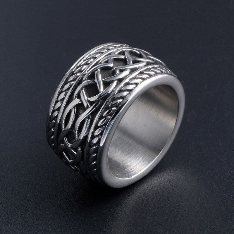 Men's Titanium Steel Wrench Ring Vintage Geometric Band Fashion Trend Jewelry Retro Punk Ring for Men and Women Metal Stripes Ring Unique Design Gift