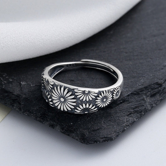 Womens Daisy Flower Vintage Alloy Electroplated Ring Thai Silver Ring European Design Ring American Design Ring