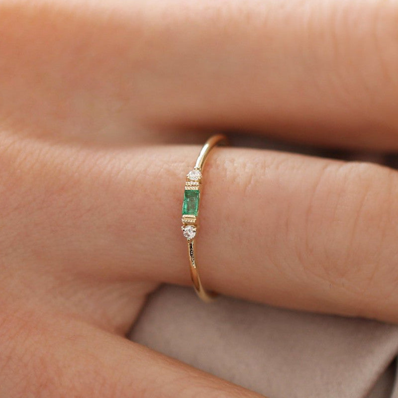 Rose Gold Emerald Zirconia Ring Copper Plated 18k Yellow Gold Engagement Ring for Women Size 5 Geometric Inlay