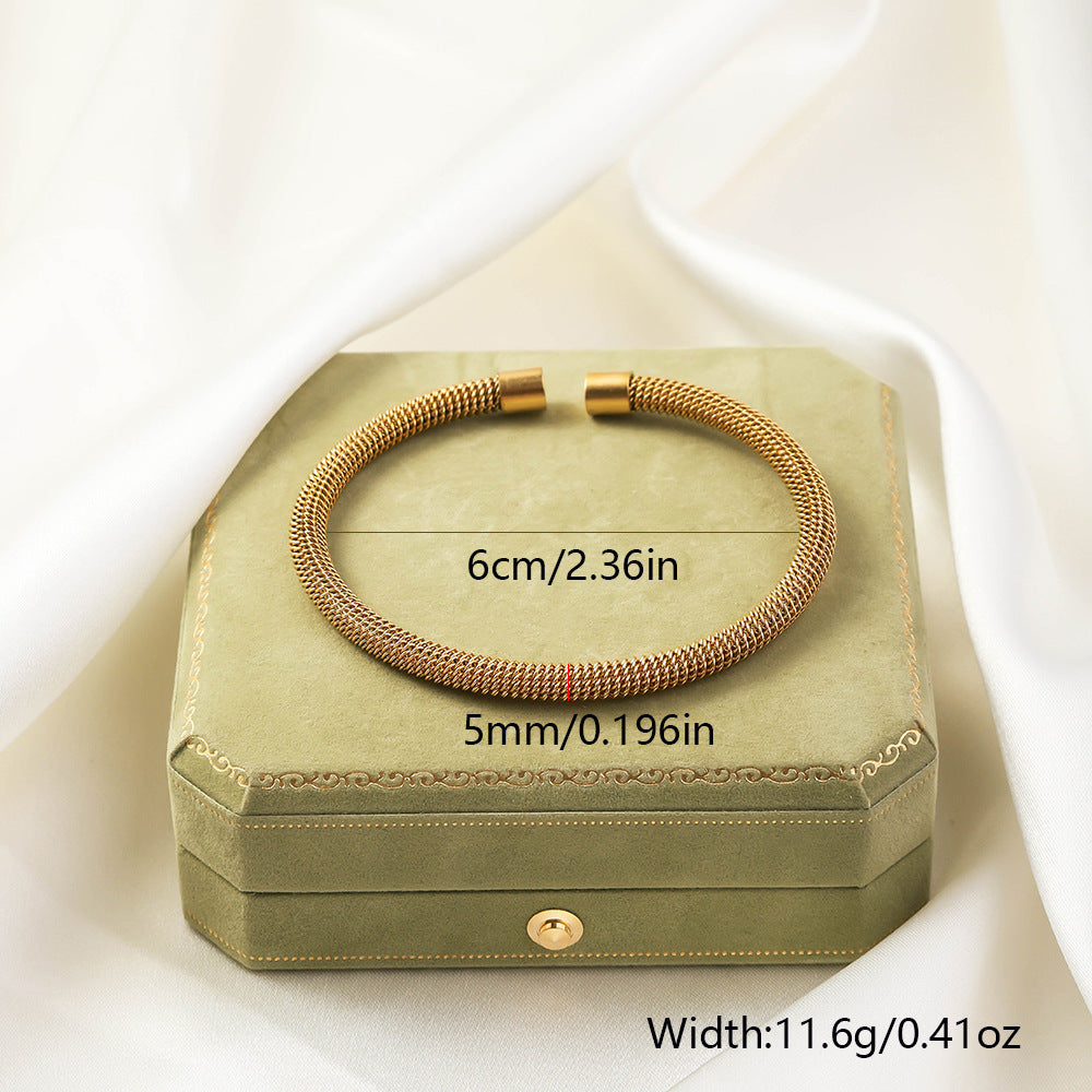 Stainless Steel Woven Bracelet Open Ended Fashion Bangle Electroplated Durable Round Design Accessory Steel And Gold