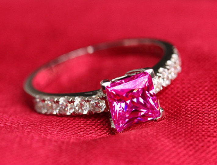 Princess Cut Simulated Diamond Ring Platinum Plated Copper Elegant Four Claw Design Jewelry for Women Prom Red