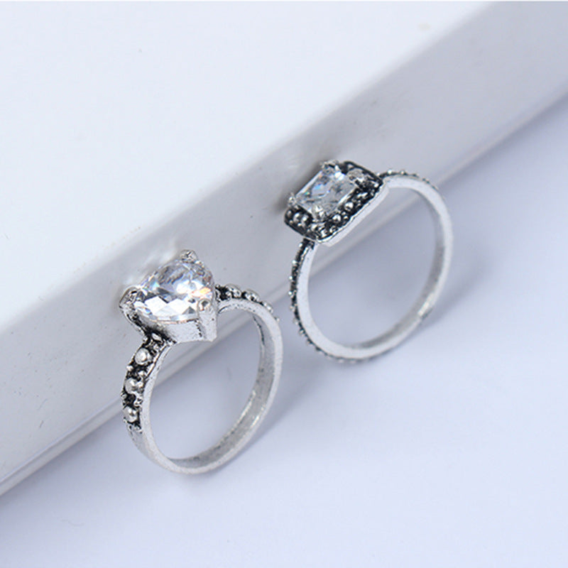 Heart Shaped Ring Set Retro Fashion Love Ring With Diamond Ancient Silver Finish Alloy Ring For Women For Ring