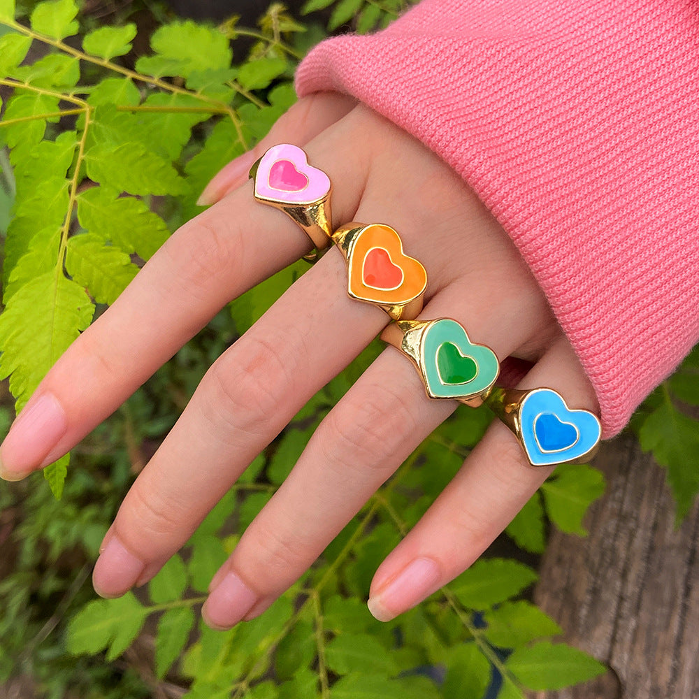 Unisex Peach Heart Ring Set With Rhinestones Dripping Oil Finish Alloy Jewelry For Women And Girls Trendy Accessory