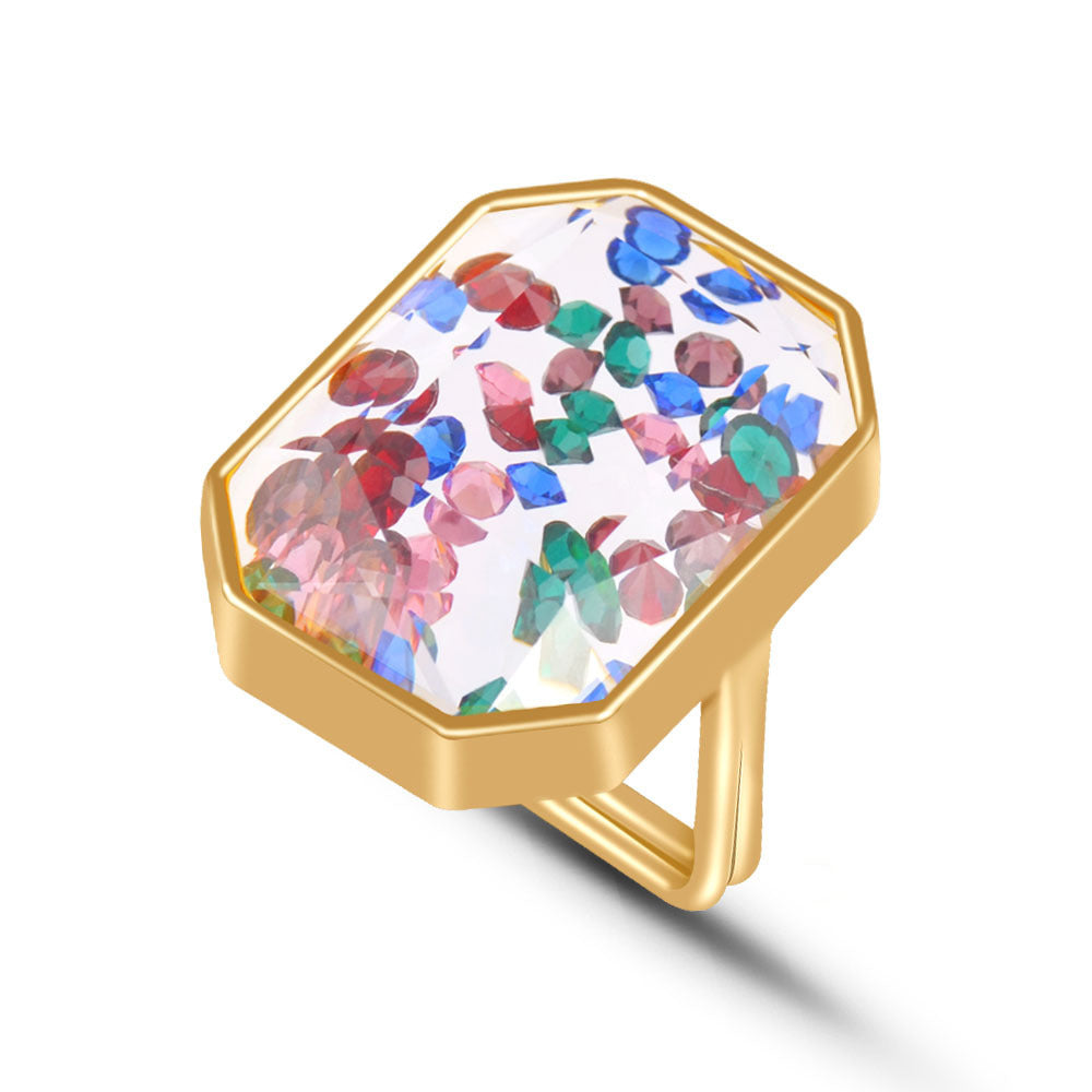 Womens Exaggerated Square Ring Geometric Crystal Inlaid Gold Plated Metal Artificial Gemstone Fashion Jewelry Gift