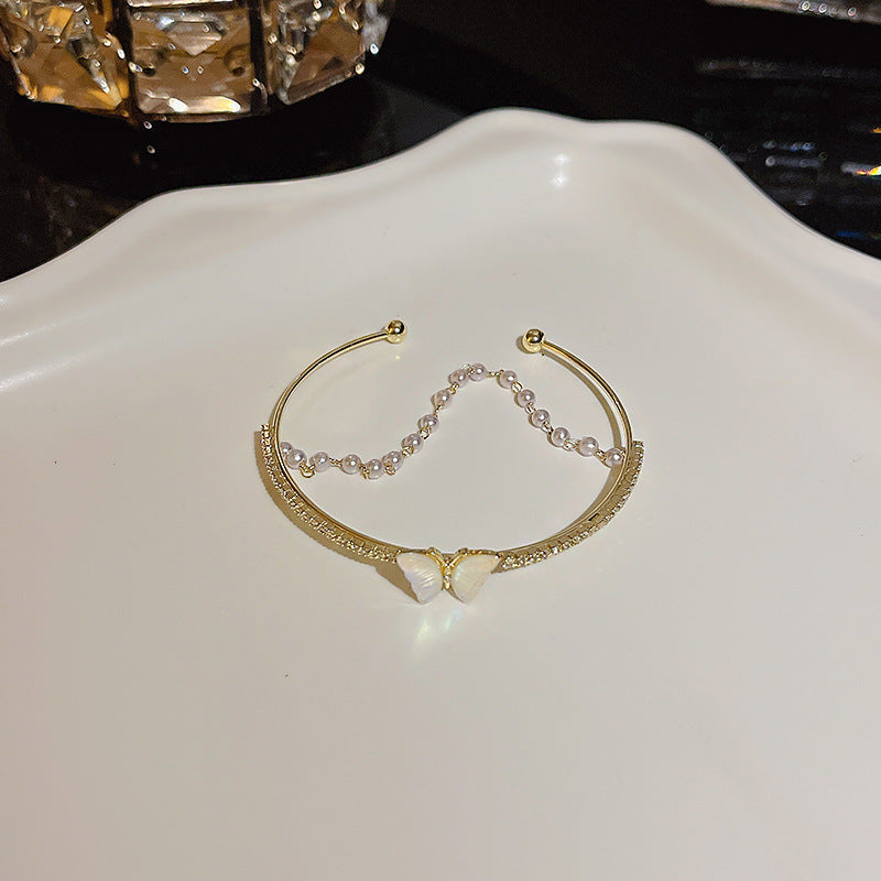 Womens Copper Bracelet With Zircon Flower Pearl Elegant Electroplated Bracelet Affordable Jewelry Gift For Her