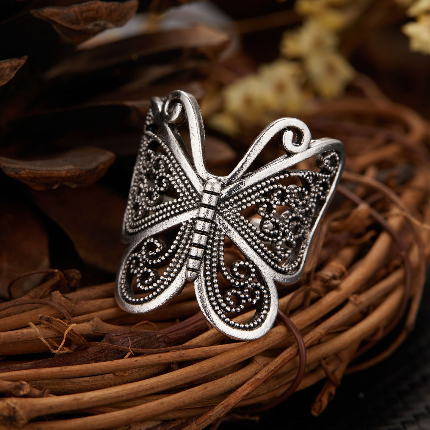 Womens Vintage Butterfly Ring Adjustable Alloy Intricate Cutout Wings Owl Design Fashion Jewelry Everyday Wear