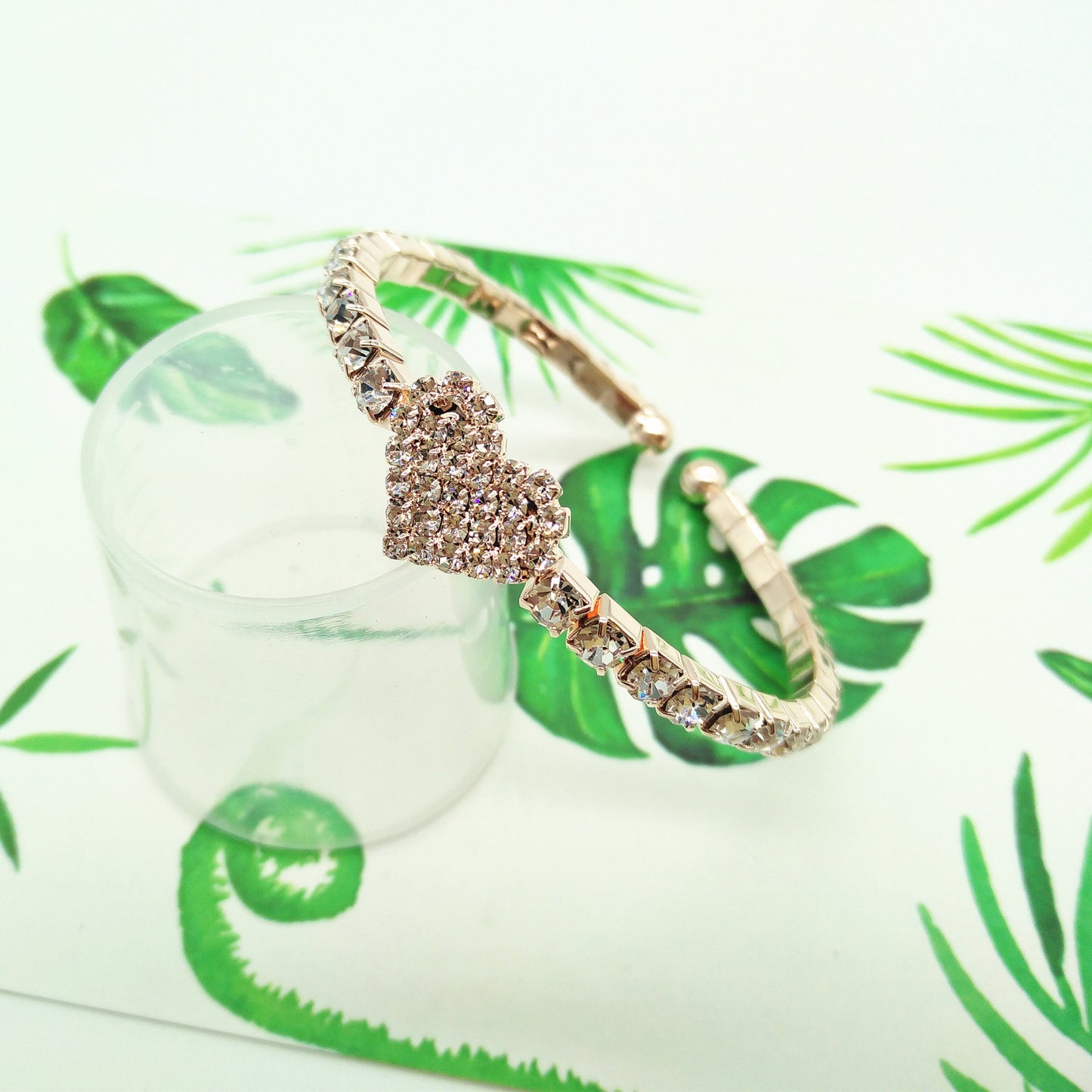 Couple Heart Shaped Alloy Elastic Bangle Bracelets Set With Gemstones In Gold Silver Rose Gold Finishes Inner 50mm