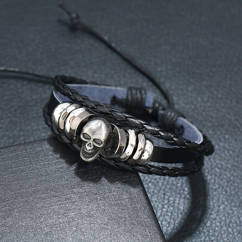 Mens Leather Bracelets With Beaded Skull And Geometric Design Adjustable Drawstring Closures Cowhide Wristband